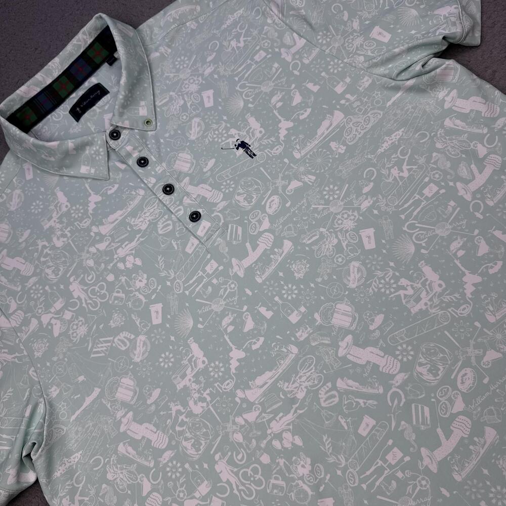 William Murray Golf Polo Shirt Mens XL Mint Green All Over Print Stretch Tartan